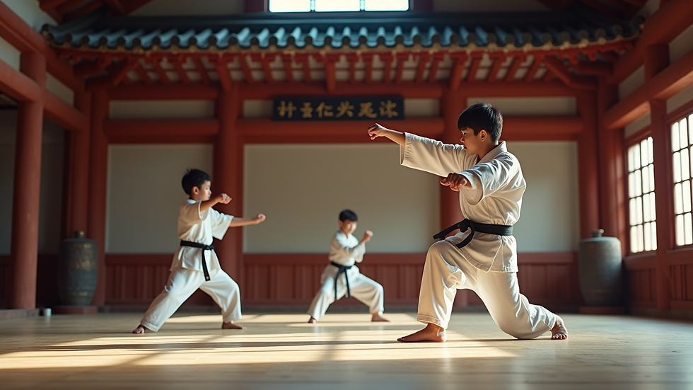 Eye-level view of a martial arts dojo with students practicing Korean martial arts