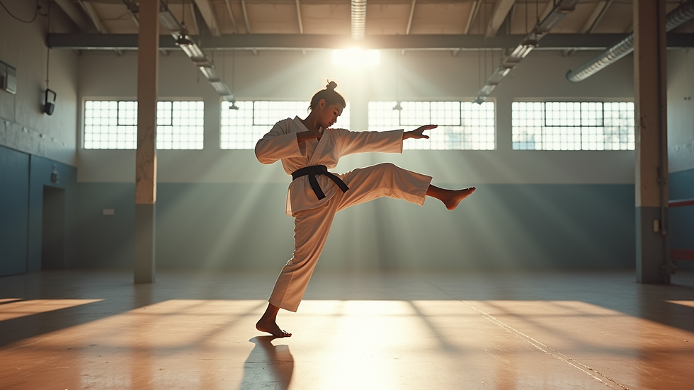 Eye-level view of a taekwondo athlete executing a high roundhouse kick in a training hall