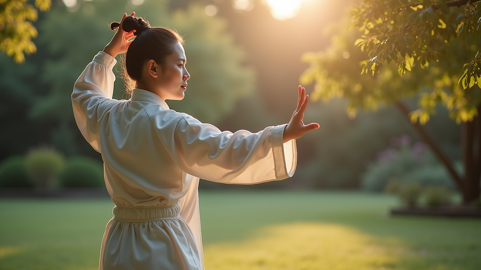 Eye-level view of a person practicing slow Taijiquan movements in a quiet garden
