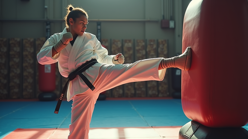 Close-up view of a taekwondo practitioner practicing a precise front kick on a padded target