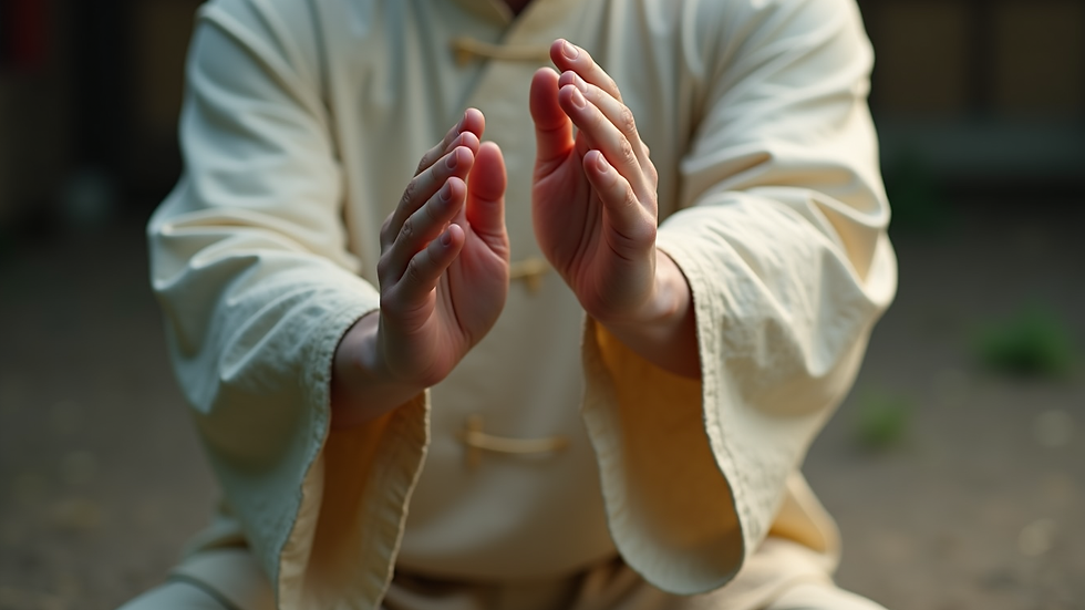 Close-up view of hands performing a Taijiquan posture emphasizing gentle energy flow