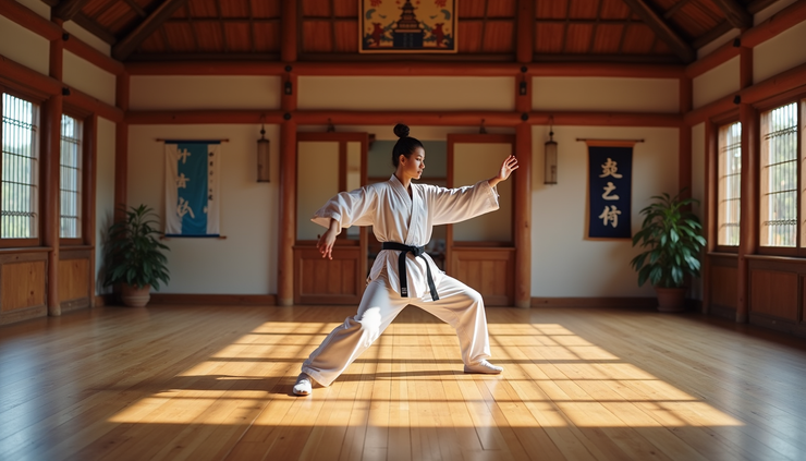 Eye-level view of a traditional Taekwondo training hall with wooden floors and martial arts banners