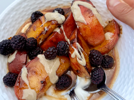 Grilled + spiced peaches with tahini, maple syrup and Greek yoghurt