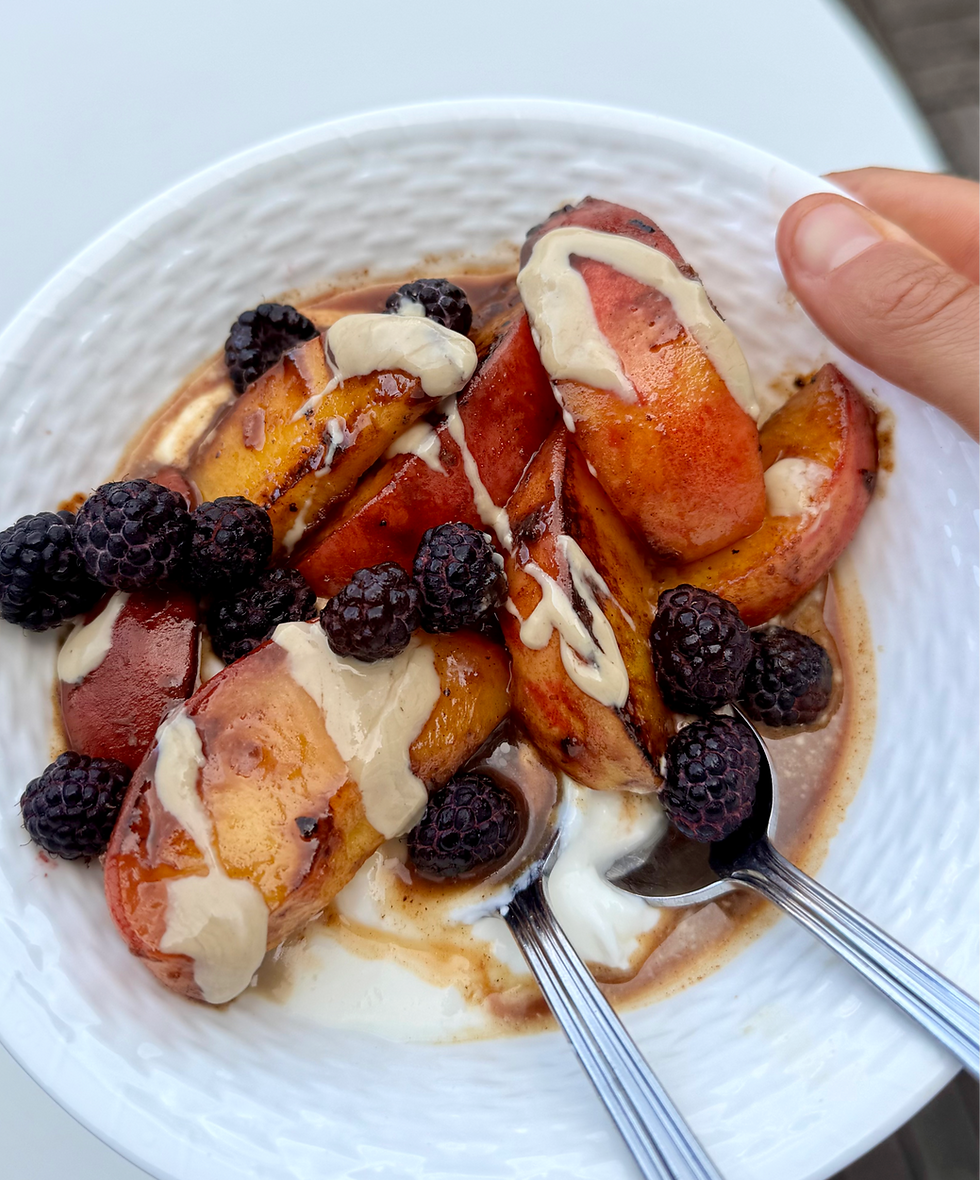 Grilled + spiced peaches with tahini, maple syrup and Greek yoghurt