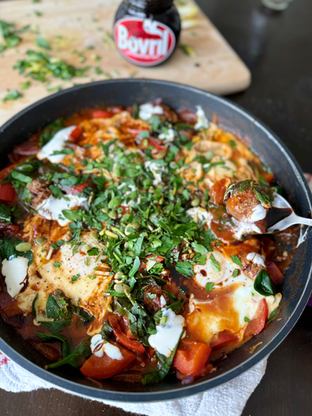 Meatball shakshuka with parsley, tahini and Bovril