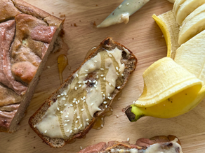 Banana bread loaf marbled with maca & date caramel