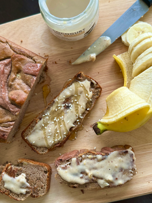 Banana bread loaf marbled with maca & date caramel
