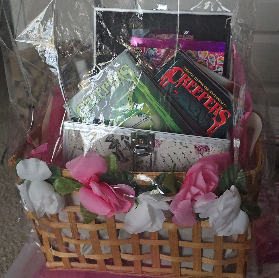 Thumbnail: Gift basket filled with presents, wrapped with pink ribbons