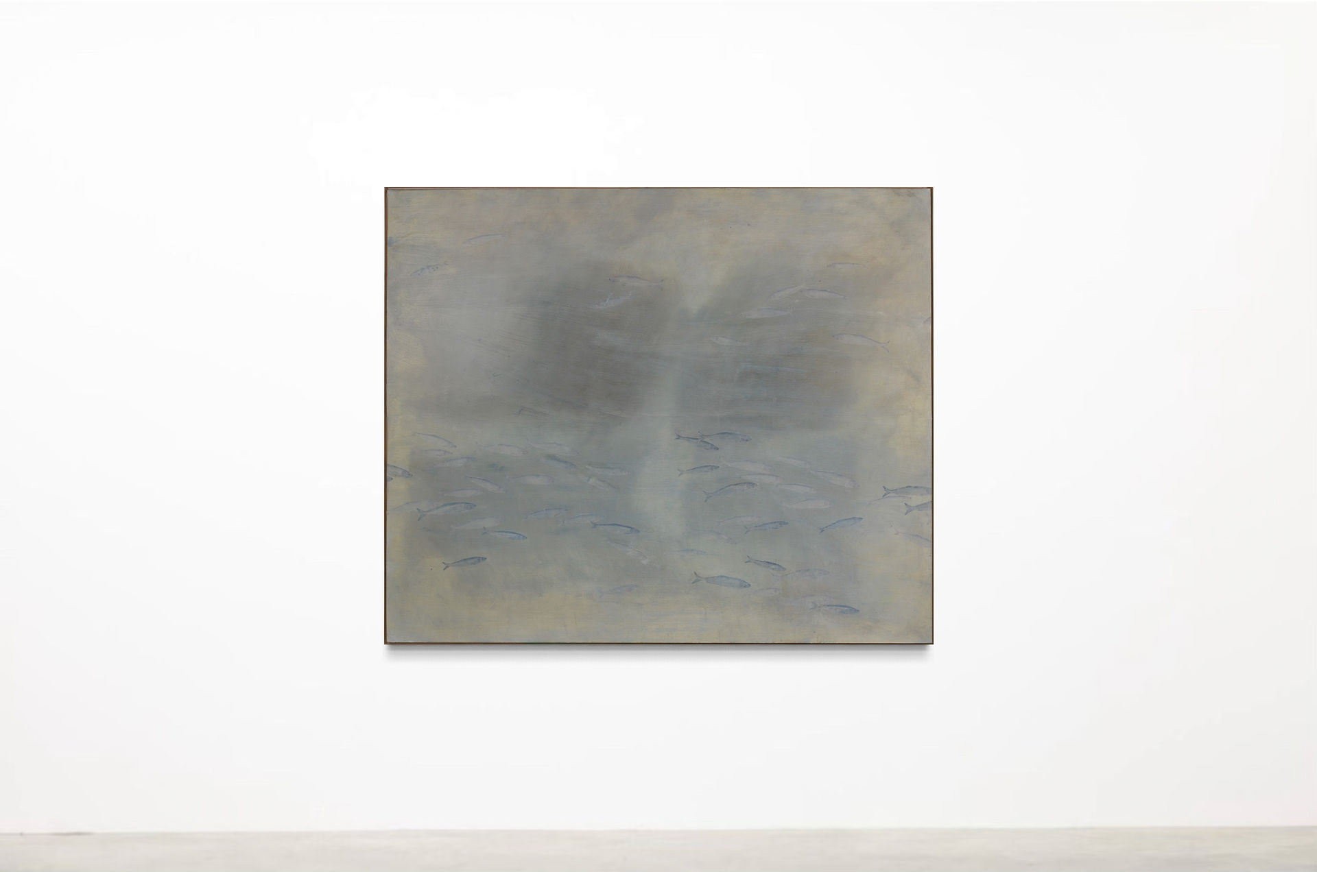 Large-scale abstract painting from Hannah Yanetsko’s Genesis collection featuring layered wax, oil stick, and acrylic surfaces with luminous movement and weathered texture.