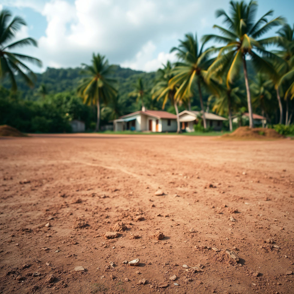 Realistic documentary-style photograph of a large open lot in the Dominican Republic, with