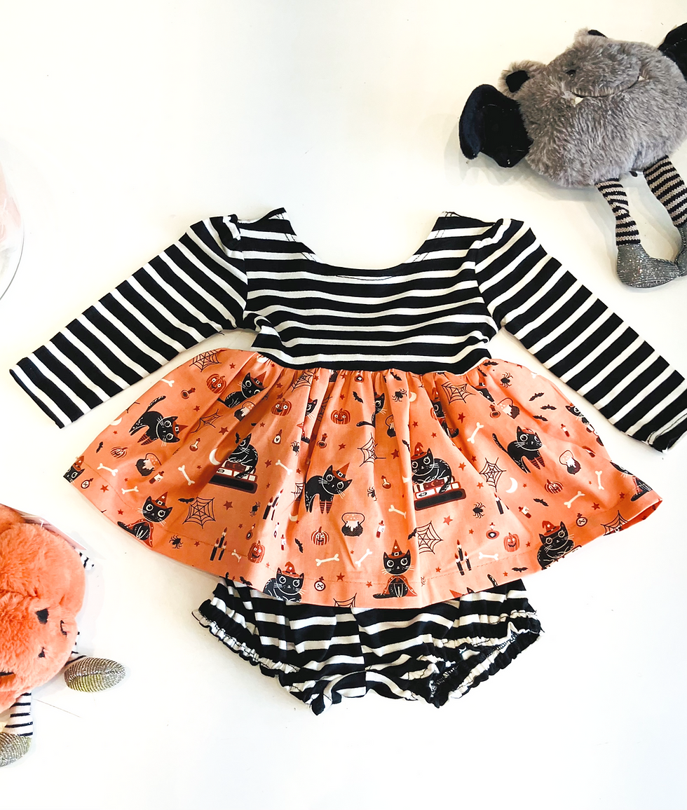 5L2F Halloween Baby dress with Stripe jersey top with kitty skirt and matching diaper shorts