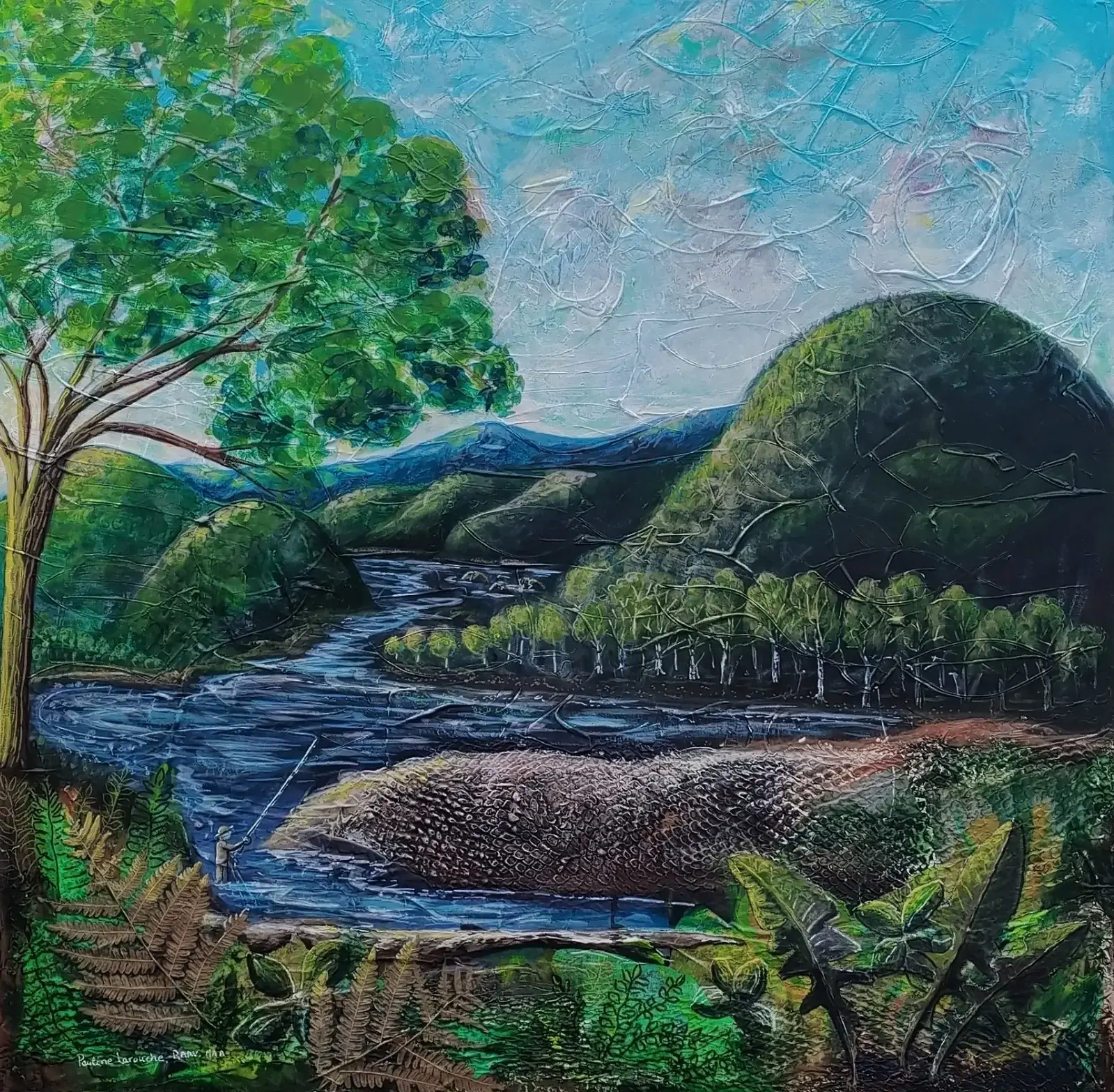 La patience du pêcheur à la mouche, série sport oeuvre de Pauline Larouche. Acrylique, tech. mixte mortier papier Québec