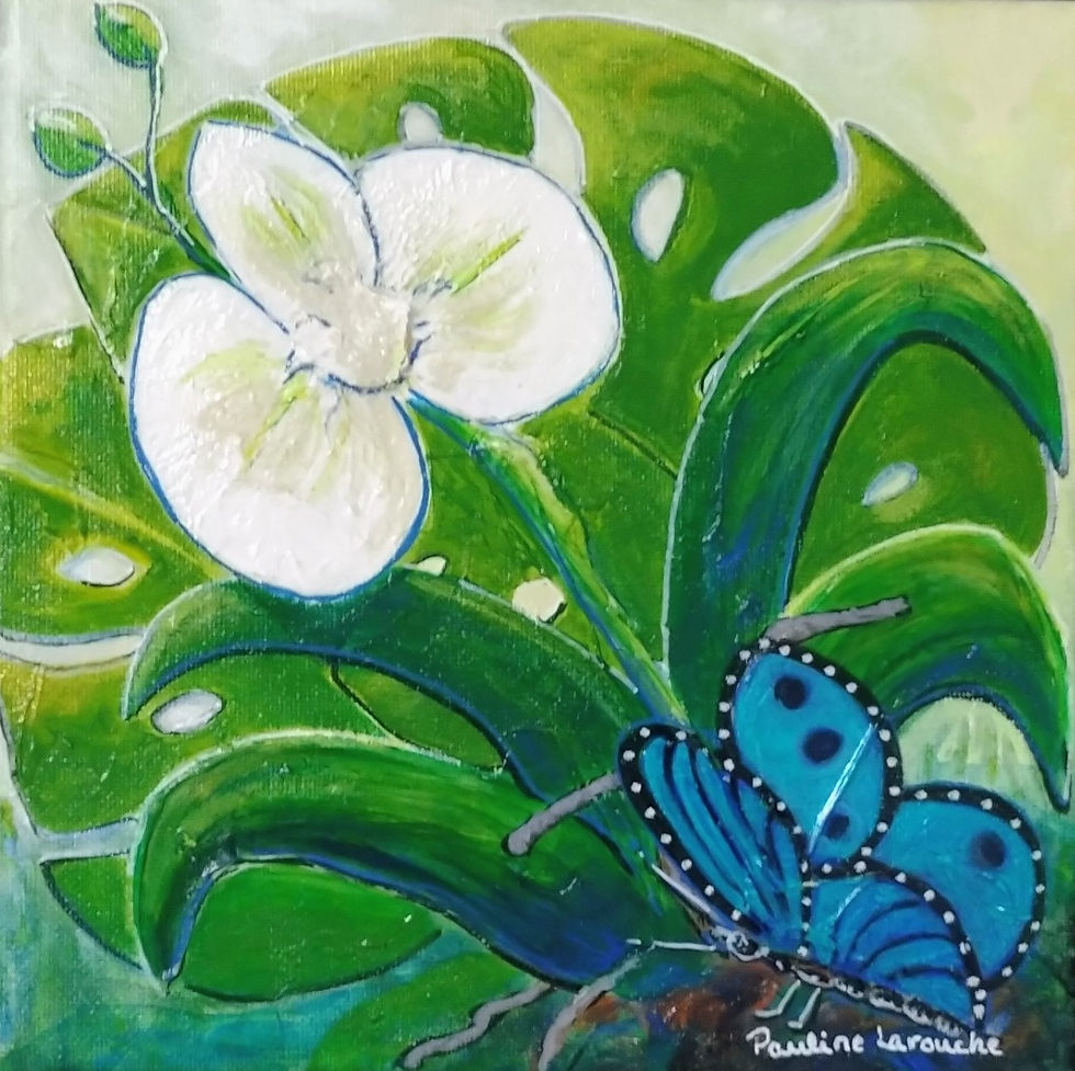 Réapparaître oeuvre originale de fleurs tropicales et papillon de Pauline Larouche artiste peintre Québec Canada
