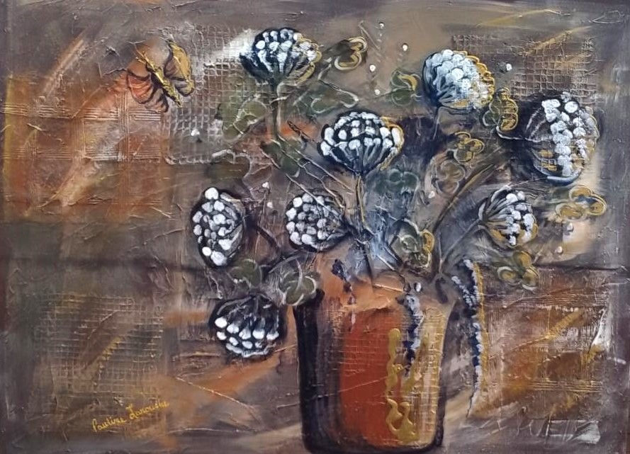 Découvrez Géranium blanc, œuvre originale de Pauline Larouche en acrylique et technique mixte, PAPILLON FLEUR TROPICAL