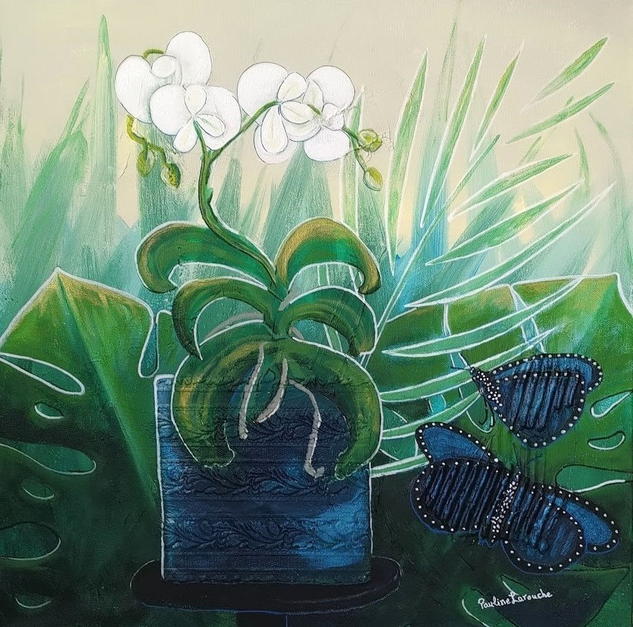 Papillons de velour, œuvre originale de Pauline Larouche. Acrylique et technique mixte , avec orchidée et papillon