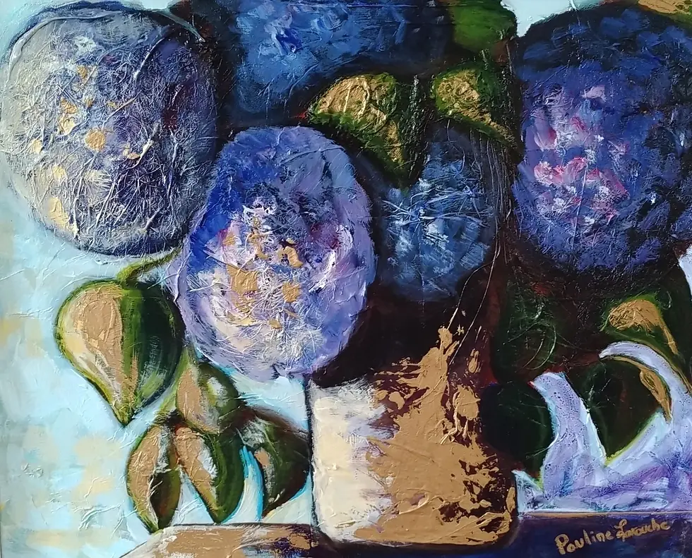 Découvrez Hortensia, œuvre originale de Pauline Larouche. Acrylique et technique mixte sur toile avec papier de soi