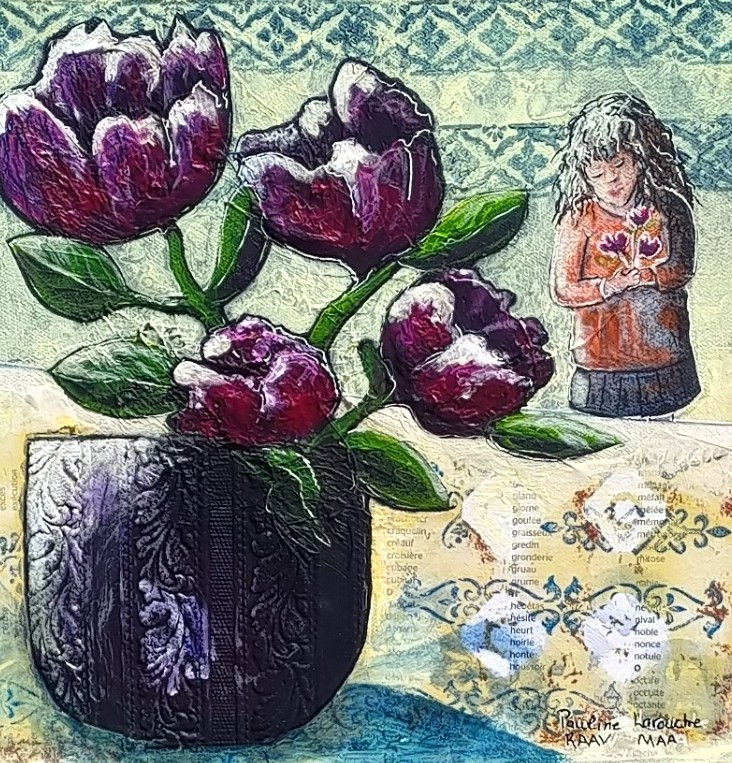 Série personnage, Les maux que l'on cache oeuvre de Pauline Larouche acrylique mixte fillette fleurs Québec Canada