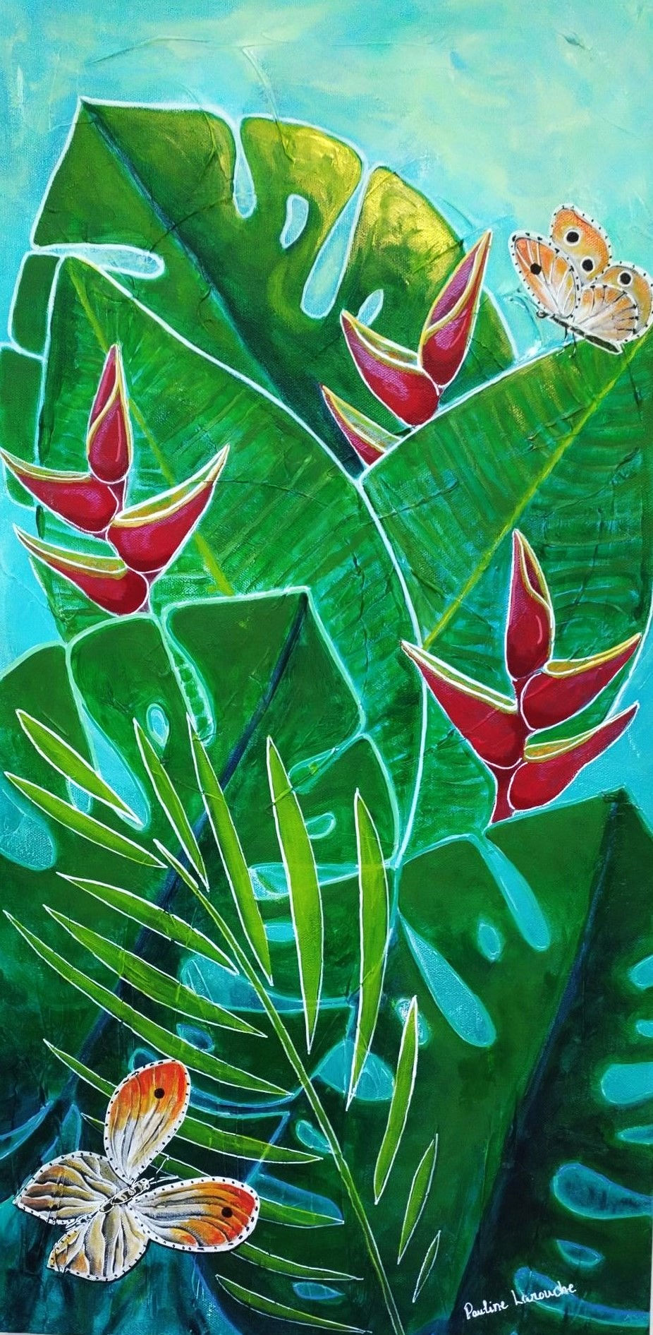 Découvrez Mes amis voyageurs, peinture de fleurs tropicale et papillons, originale de Pauline Larouche. Acrylique Québec