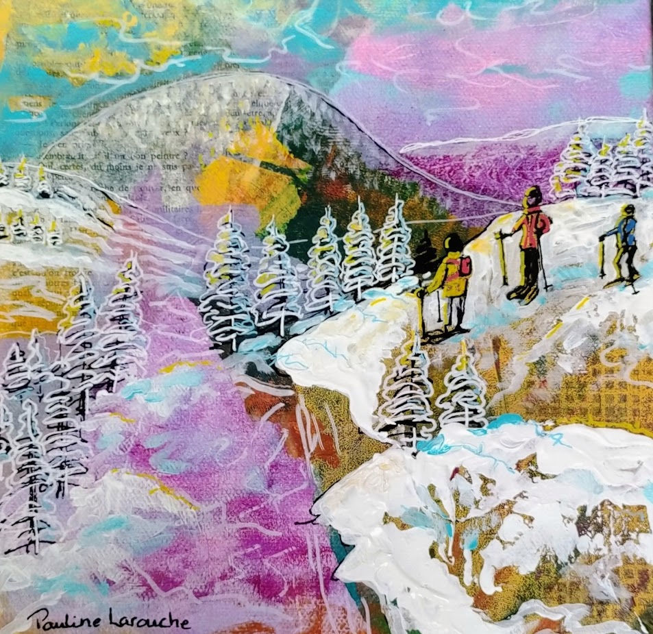 Sentier du plateau oeuvre de Pauline Larouche acrylique on y voit des raquetteurs en montagne, au loin des pentes de sky