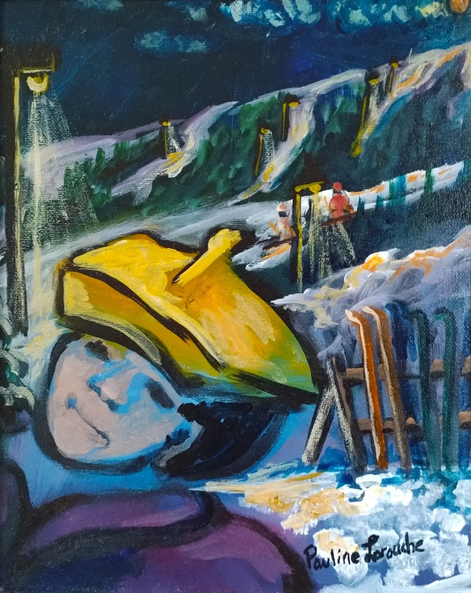 Clair de lune peinte à l'acrylique sur toile, de ma série Sports présente des skieur des personnage fAIT AU Québec Canadal