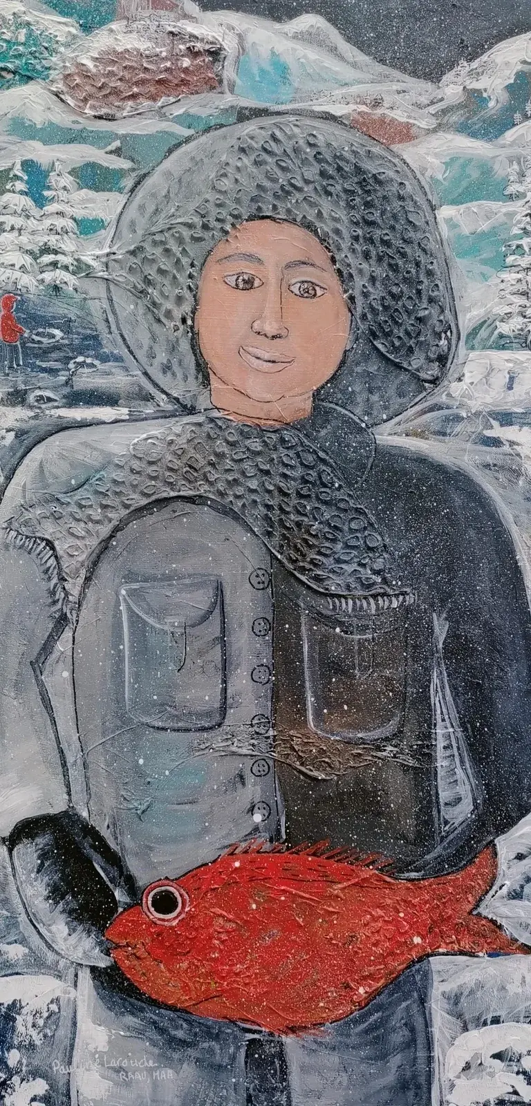 Fière de son Sebastes oeuvre de Pauline Larouche acrylique tech. mixte poisson personnage hiver sport Québec Canada