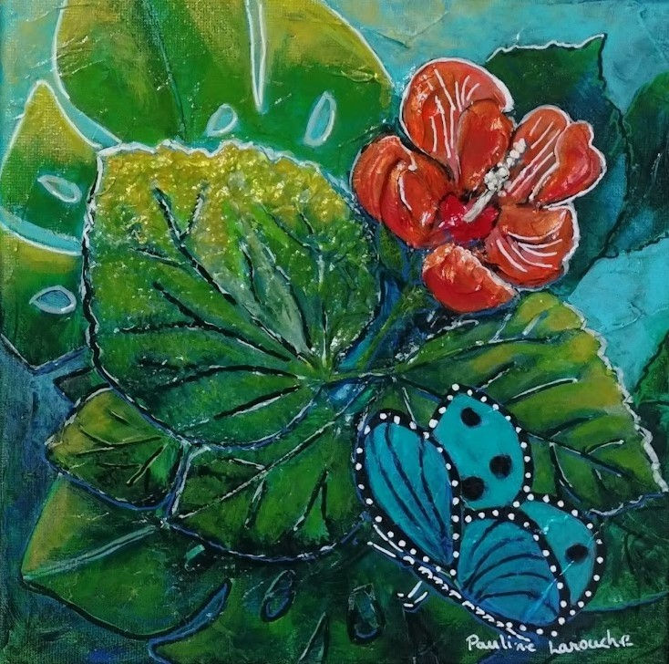 Découvrez Le visiteur, une œuvre originale de Pauline Larouche. Acrylique fleur tropicale papillon