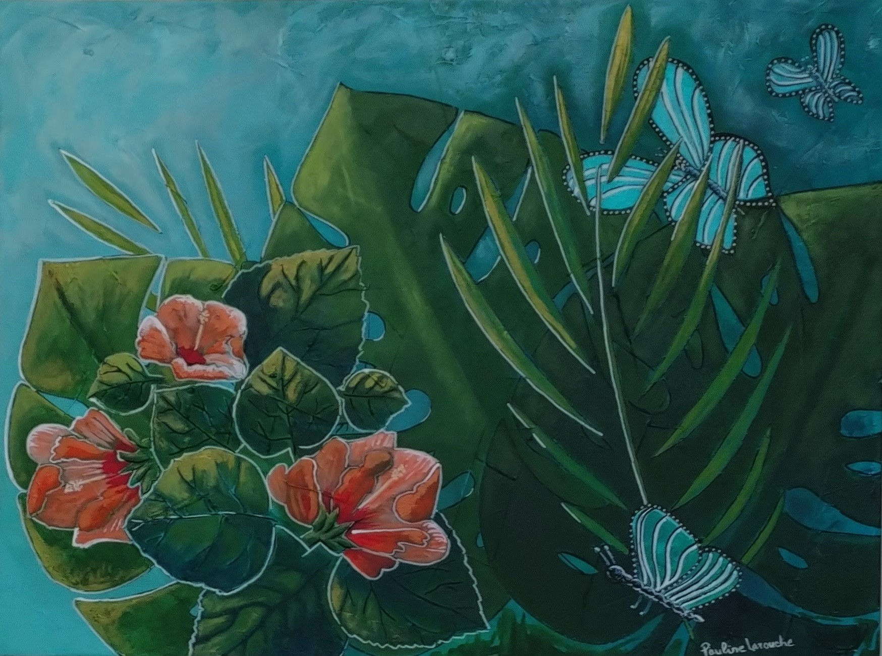 Découvrez Fleurs et papillons, une œuvre originale de Pauline Larouche, 24 x 18 po, en acrylique et technique mixte sur toile