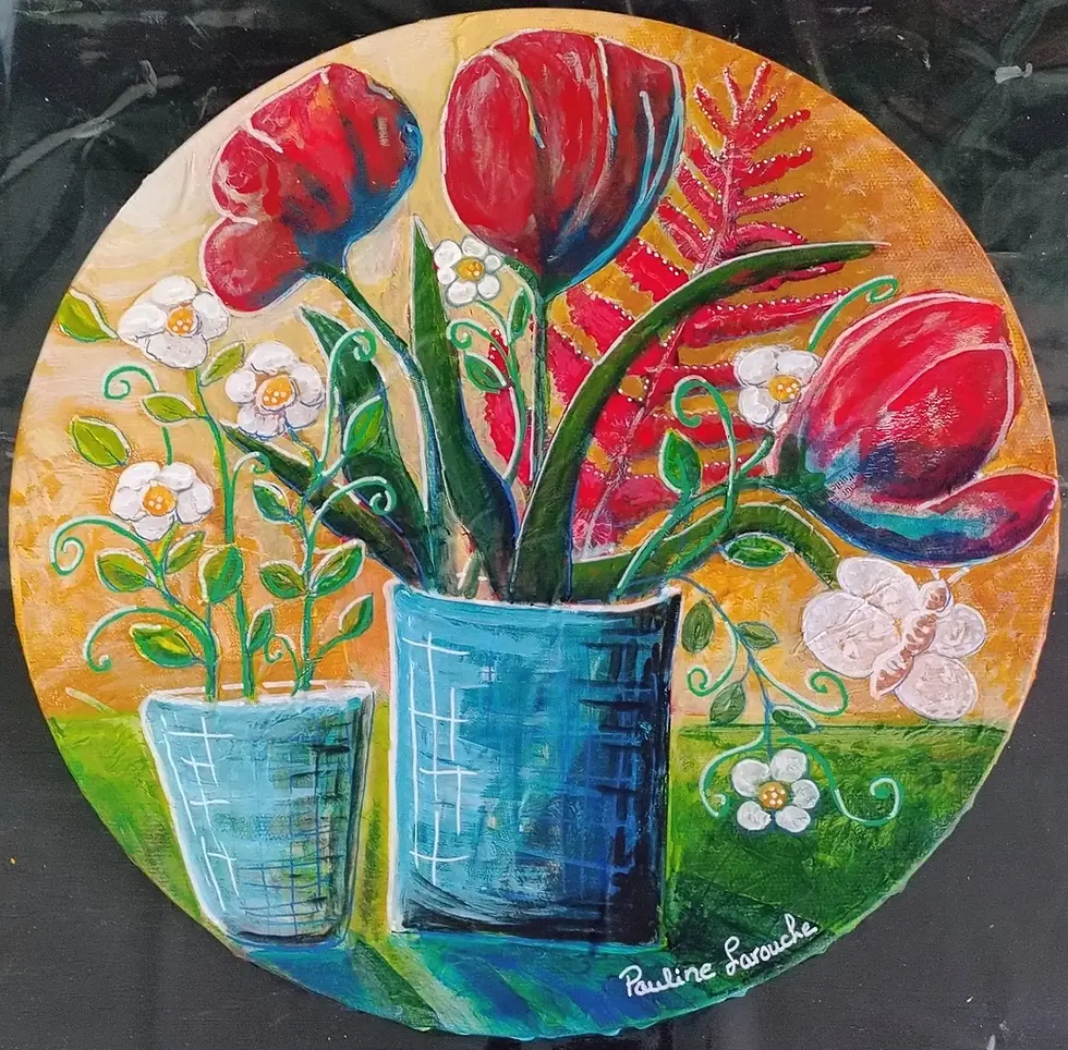 Art Floral Renaissance réalisée en acryliques tech. mixtes avec collage de papiers d'art sur une toile ronde