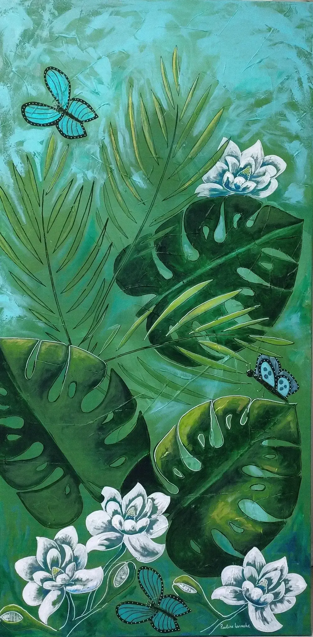 Découvrez Les fleurs de Magnolia, une œuvre originale 24 x 48 po série tropical Pauline Larouche. Acrylique technique mixte
