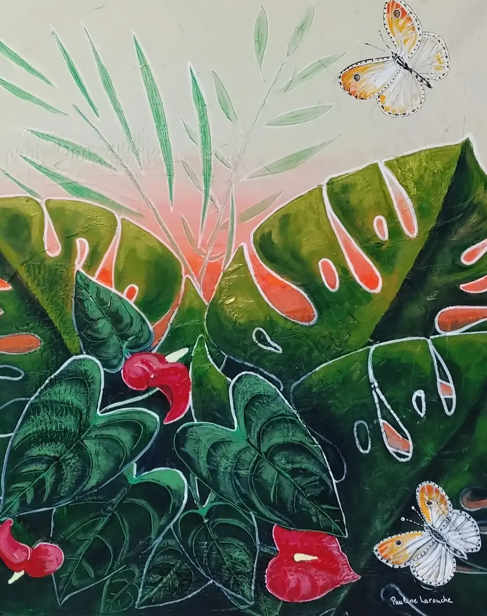 Découvrez Fleurs d’Anthurium, une œuvre originale de Pauline Larouche, artiste peintre québécoise. Acrylique et technique mix