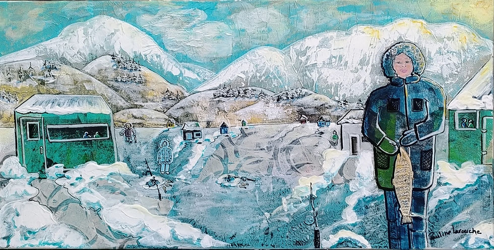 La vie d'ici en hiver, une œuvre originale de Pauline Larouche sport hiver personnage poisson acrylique et tech. mixte Québec