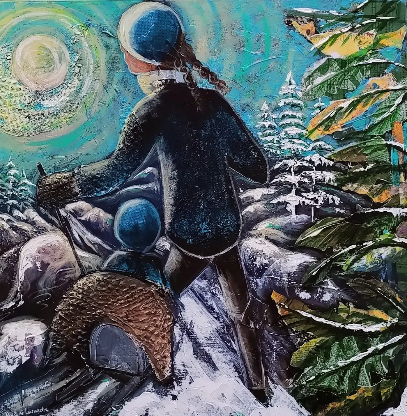 Ski patin avec Amour nous transporte dans une forêt hivernale où une mère et son enfant partagent un moment de liberté.