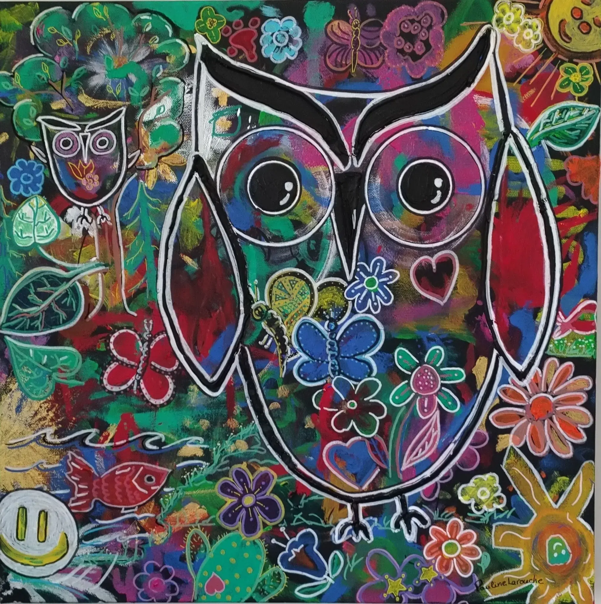Parmi nous oeuvre originale collective de nature hiboux Pauline Larouche artiste Québec