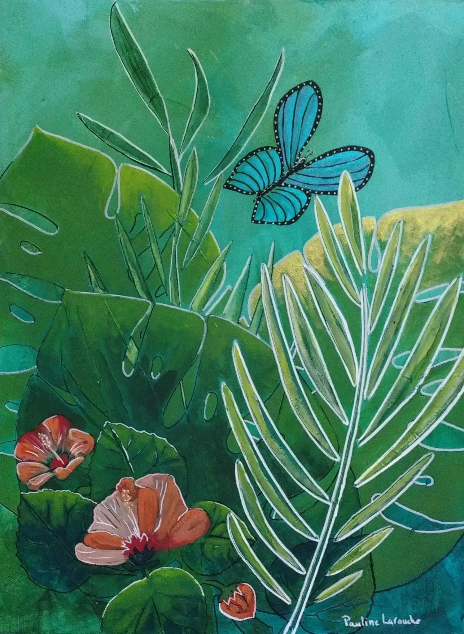 Un rayon de bonheur, peinture de fleur d'hibiscus tropicale papillon, Pauline Larouche artiste peintre Québec Canada