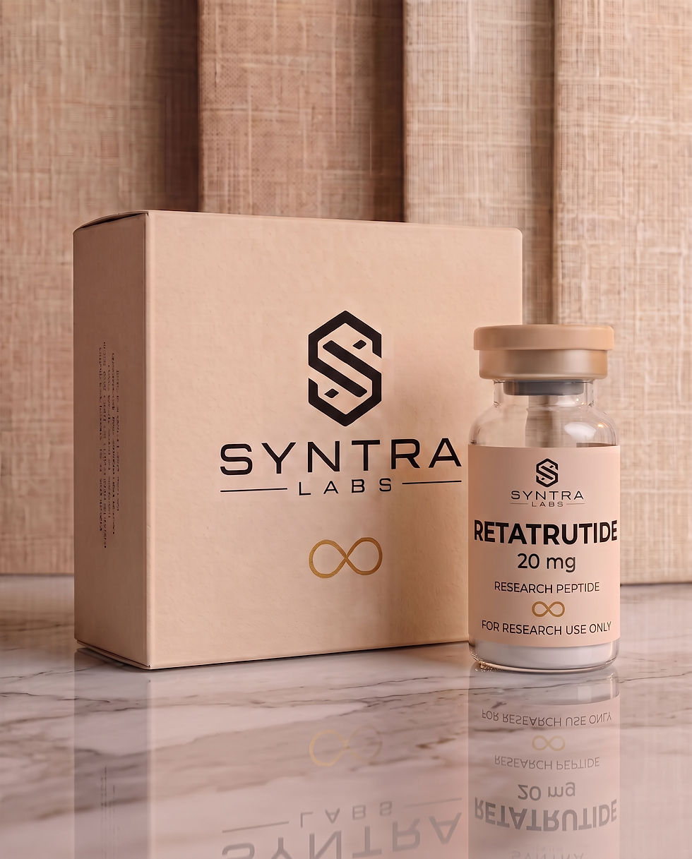 Vial de Retatrutide 20 mg de SYNTRA LABS, uso exclusivo para investigación.