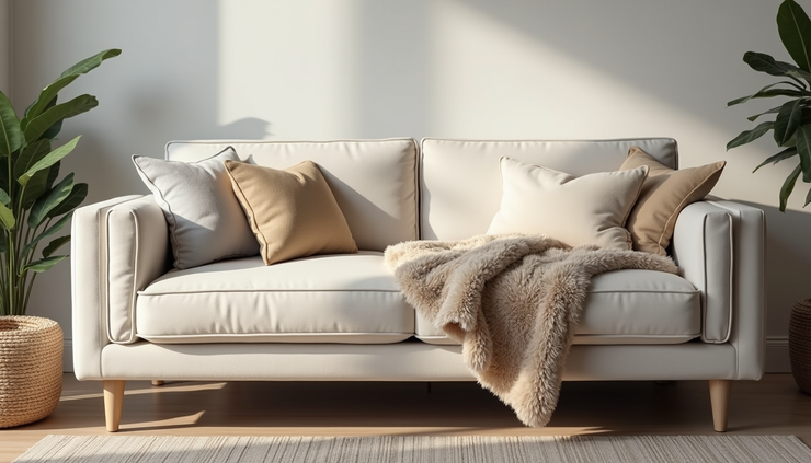 Eye-level view of a plush furry throw blanket draped over a modern sofa