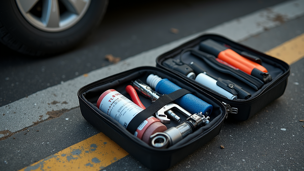High angle view of a compact roadside emergency kit with tools and supplies