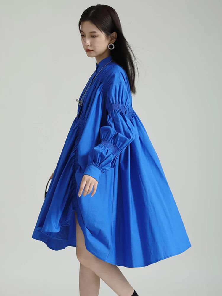 Thumbnail: Hotaru Long Sleeve Pleated Shirt Dress - Blue