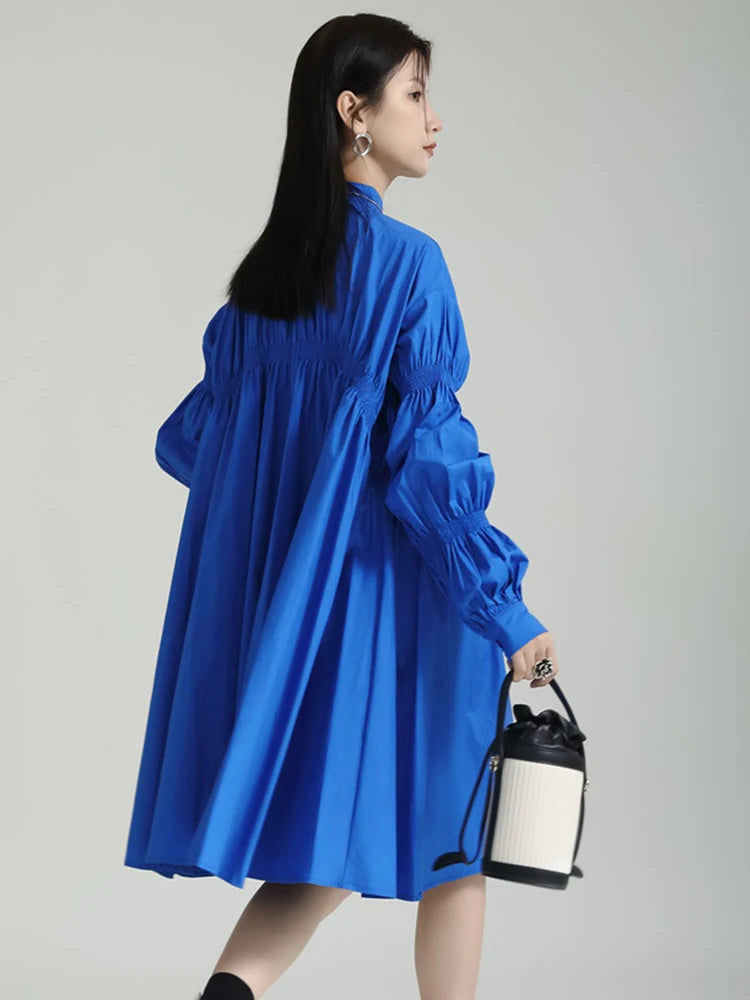 Thumbnail: Hotaru Long Sleeve Pleated Shirt Dress - Blue