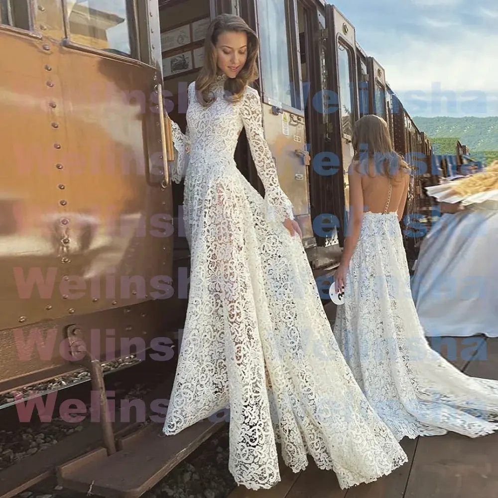 Romantic Lace Wedding Dress High Neck Long Sleeves
