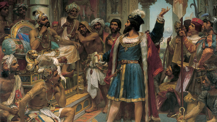 Deskripsi pertemuan Vasco da Gama dengan Raja Calicut pada perjalanan pertamanya ke India dalam lukisan karya Veloso Salgado (Sociedade de Geografia de Lisboa)