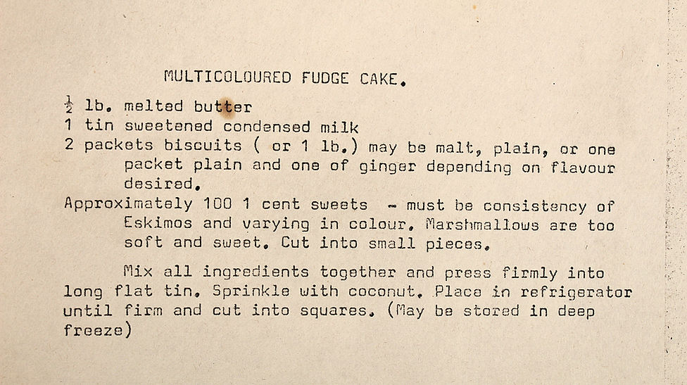 Original 1979 Ward 9 cookbook page for Multi-Coloured Fudge Cake.
