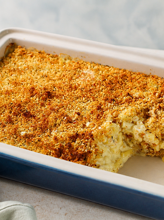 Creamy baked macaroni and cheese with a golden crunchy panko topping in a casserole dish
