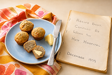 Banana Bran Muffins served warm with butter, recreated from a 1979 hospital ward cookbook.