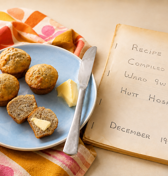 Banana Bran Muffins served warm with butter, recreated from a 1979 hospital ward cookbook.
