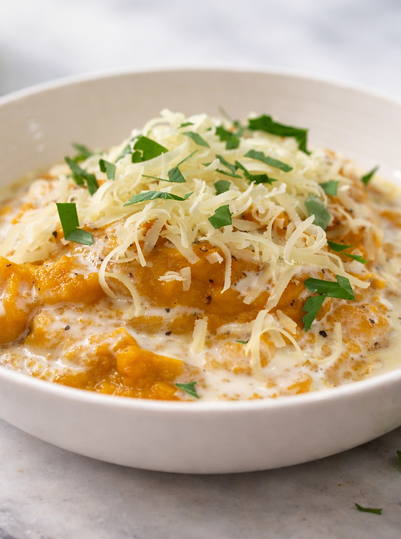Creamy roast pumpkin and bacon soup topped with grated Parmesan and fresh herbs
