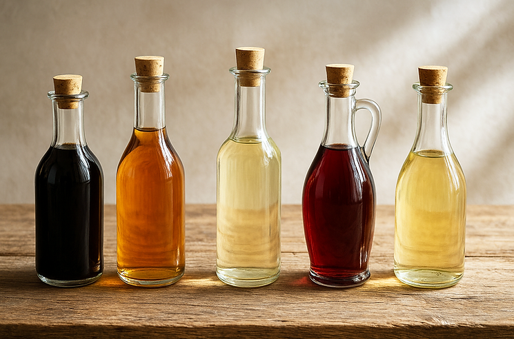 A rustic wooden table surface featuring an artfully arranged selection of vinegar bottles—balsamic, apple cider, rice vinegar, red wine, and white wine—in elegant glass bottles with natural cork stoppers. Surrounding the bottles are fresh ingredients that highlight their origins: grapes, apples, rice grains, barley, and herbs like rosemary and thyme. Natural daylight streams in from the side, casting soft shadows and highlighting the textures and colors. The composition is clean and styled like a high-end food magazine spread.