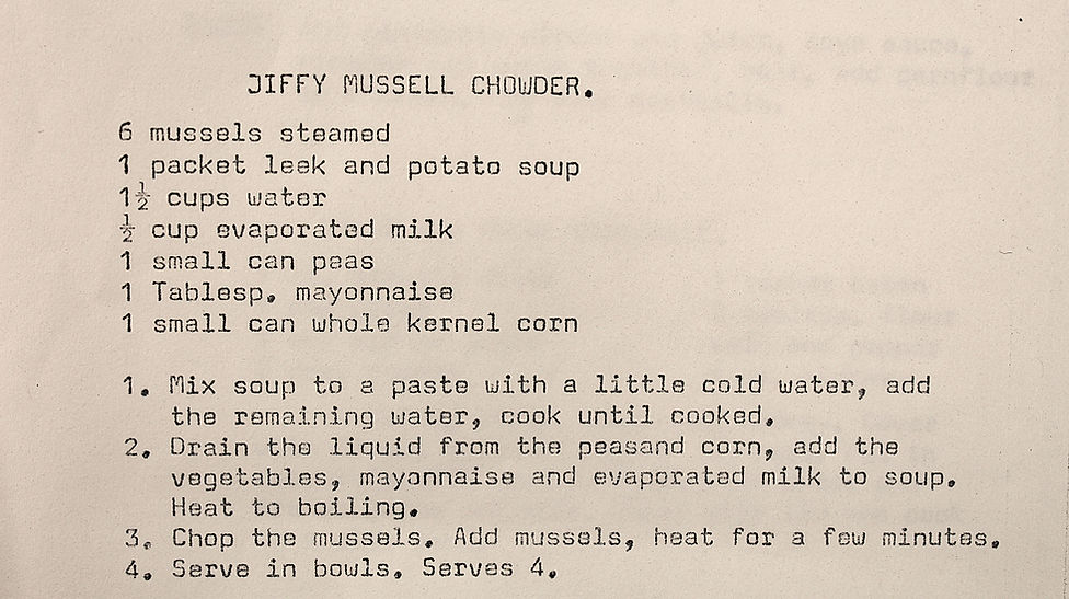 Original 1979 Ward 9 cookbook page for Jiffy Mussel Chowder