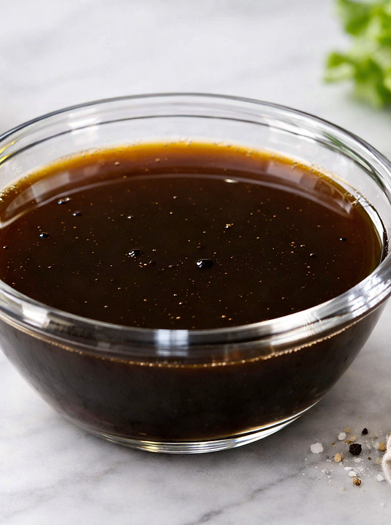 Classic balsamic dressing in a clear glass bowl with cracked black pepper