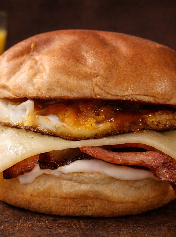 Bacon and fried egg breakfast butty sandwich with sauce in a soft toasted bun